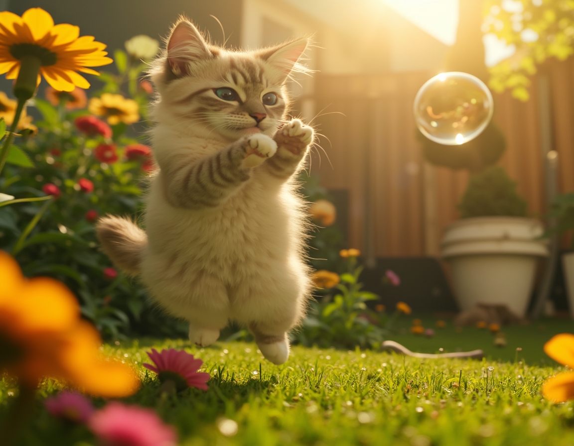 Cat leaps gracefully at a floating bubble, surrounded by a vibrant garden filled with flowers and greenery.